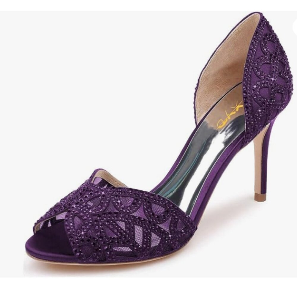 XYD Purple Peep Toe Rhinestone Pumps D'Orsay High Heel Wedding Dress Shoe